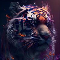 Tigre en el oscuro con fuego y fumar. digital cuadro., ai generativo imagen foto