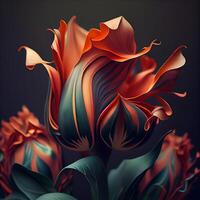 resumen naranja tulipán flor en negro antecedentes. 3d hacer ilustración, ai generativo imagen foto