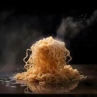 Instant noodle on black background with splashes of water and smoke, Image photo