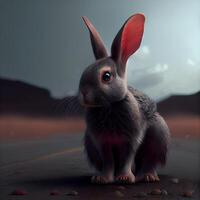 Rabbit on the road in the desert. 3D rendering., Image photo