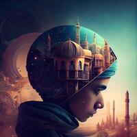 Double exposure of man and mosque on background. Ramadan Kareem concept, Image photo