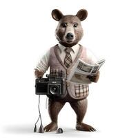 3D digital render of a teddy bear with a camera and newspaper, Image photo