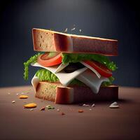 Sandwich with cheese, lettuce, tomato and onion on wooden table, Image photo