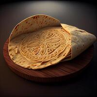 tortilla con un modelo en un oscuro antecedentes. 3d representación, ai generativo imagen foto