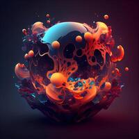 3d illustration of abstract sphere with blue and orange splashes., Image photo