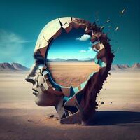 3d illustration of a man's head breaking through a hole in the desert, Image photo