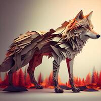 Origami fox on a background of autumn forest. 3d illustration, Image photo