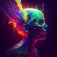 Neon human skull. Abstract background. 3D illustration. 3D rendering., Image photo