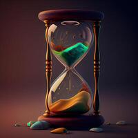 reloj de arena con arena adentro. 3d ilustración en oscuro fondo., ai generativo imagen foto