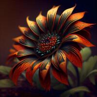 3d ilustración de un flor con naranja pétalos en un oscuro fondo, ai generativo imagen foto