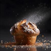 Freshly baked bread with flying flour on a dark background. The concept of fast food., Image photo