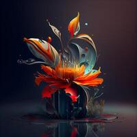 abstract colorful flower with water drops on dark background, illustration, Image photo
