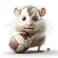 3D rendering of a cute rat with a soccer ball isolated on white background, Image photo