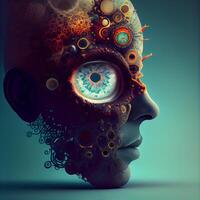 Human head with abstract gears and cogwheels. 3D rendering, Image photo