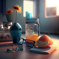 cóctel en un vaso tarro con limón y girasoles 3d representación, ai generativo imagen foto