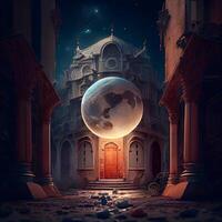 Mysterious castle and planet. 3d rendering toned image, Image photo