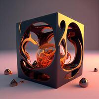 Black and orange 3d illustration of abstract geometric shape with glass balls, Image photo