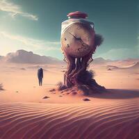 Alarm clock in the desert, 3d render. Time concept, Image photo