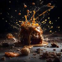 Cake with splashes of caramel on a black background. Copy space, Image photo