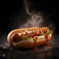 Hot dog with mustard and ketchup on a black background with smoke, Image photo