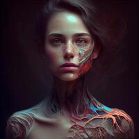 3d rendering of a female face with futuristic make-up., Image photo