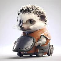 Hedgehog in a helmet on a toy car. 3d illustration, Image photo