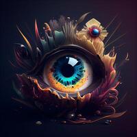 Abstract eye with floral ornament on black background. Fantasy illustration., Ai Generative Image photo