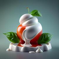 Tomato with cream cheese and green leaves. 3D illustration., Image photo