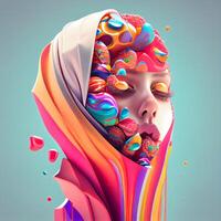 Portrait of a beautiful girl with colorful face art. 3d rendering, Image photo