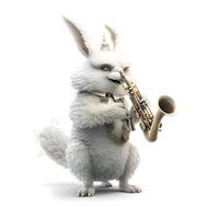 White rabbit with saxophone isolated on white background. 3d illustration, Image photo