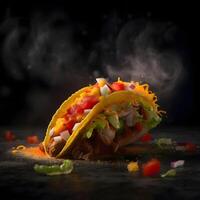 Taco with meat, cheese and vegetables on a black background., Image photo