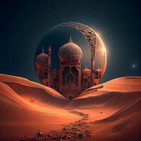 Ramadán kareem saludo tarjeta con mezquita y luna, 3d representación, ai generativo imagen foto