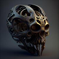 3D illustration of a futuristic metal helmet on a dark background., Image photo