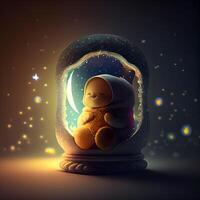 Snowman inside a snow globe, 3d illustration, horizontal, over dark background, Image photo