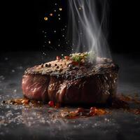 Steak on a wooden board with fire and smoke on a black background, Image photo