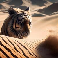 siberiano Tigre en el arena dunas de el Sáhara desierto, ai generativo imagen foto