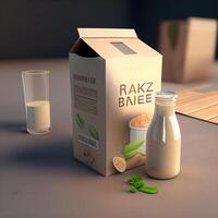 Milk box and glass of milk on table. 3d rendering, Image photo