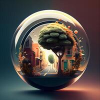 Crystal ball with tree and houses on dark background. 3D rendering, Image photo