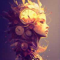 Digital illustration of a female face with clock in her hair. 3D rendering., Image photo