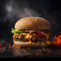 grande sabroso hamburguesa con queso en un negro antecedentes con fumar, cerca arriba, ai generativo imagen foto