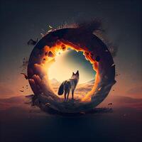 Fantasy illustration of a wolf coming out of a hole in the ground, Image photo