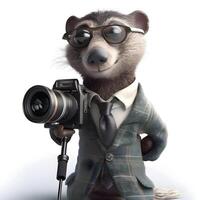 3d ilustración de un mapache con un cámara en un blanco fondo, ai generativo imagen foto