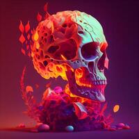 3d illustration of human skull with red, orange and blue background, Image photo