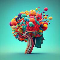 Human head with colorful abstract brain. Artificial intelligence concept. 3D Rendering, Image photo