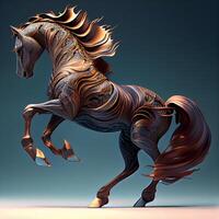 3D rendering of a black horse with golden mane on a blue background, Image photo