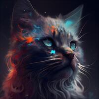 gato con azul ojos y vistoso pintar salpicaduras en un negro fondo, ai generativo imagen foto