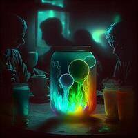Children playing with a jellyfish in a glass jar. Halloween concept., Image photo