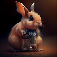 Rabbit with a bottle of milk on a dark background. 3d rendering, Image photo