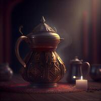 Ceramic teapot on a wooden table with a burning candle, Image photo