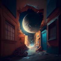 Mysterious city with moon and old buildings. 3D rendering, Image photo